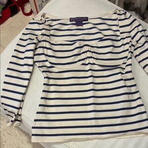 Ralph Lauren Women's Striped Long Sleeve Top - Navy and White